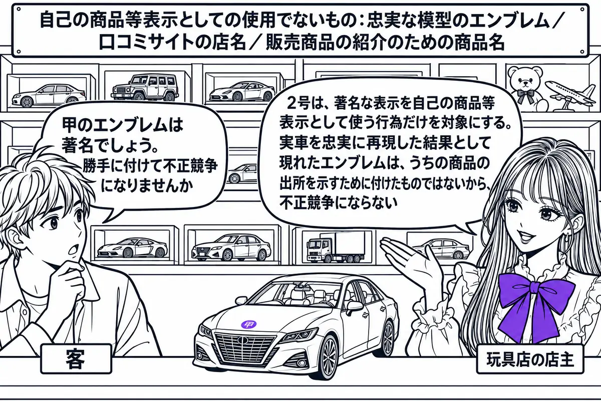 玩具店の店先の場面。先生が店主役（札「玩具店の店主」）で、カウンターに実在の自動車を忠実に再現したミニカーを置いている。ミニカーのボンネットに小さく自動車会社のエンブレム「甲」が付いている。向かいに男性の客（札「客」）が吹き出し「甲のエンブ