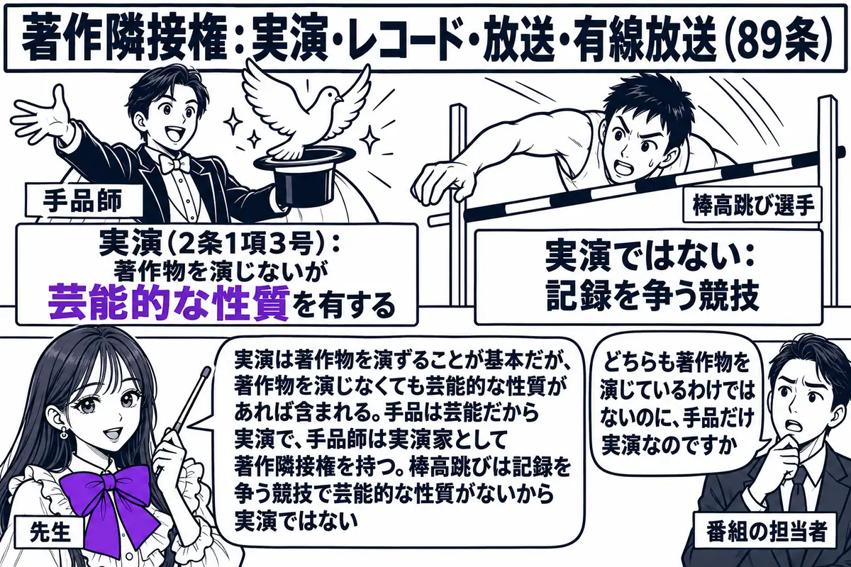 テレビ局のスタジオの場面。先生が先生役（札「先生」）で、舞台の脇に立ち指し棒で舞台の上を示している。舞台の左にシルクハットから鳩を出す手品師の男性（札「手品師」）、右に棒高跳びのバーを越える選手の男性（札「棒高跳び選手」）。手品師の札の下に