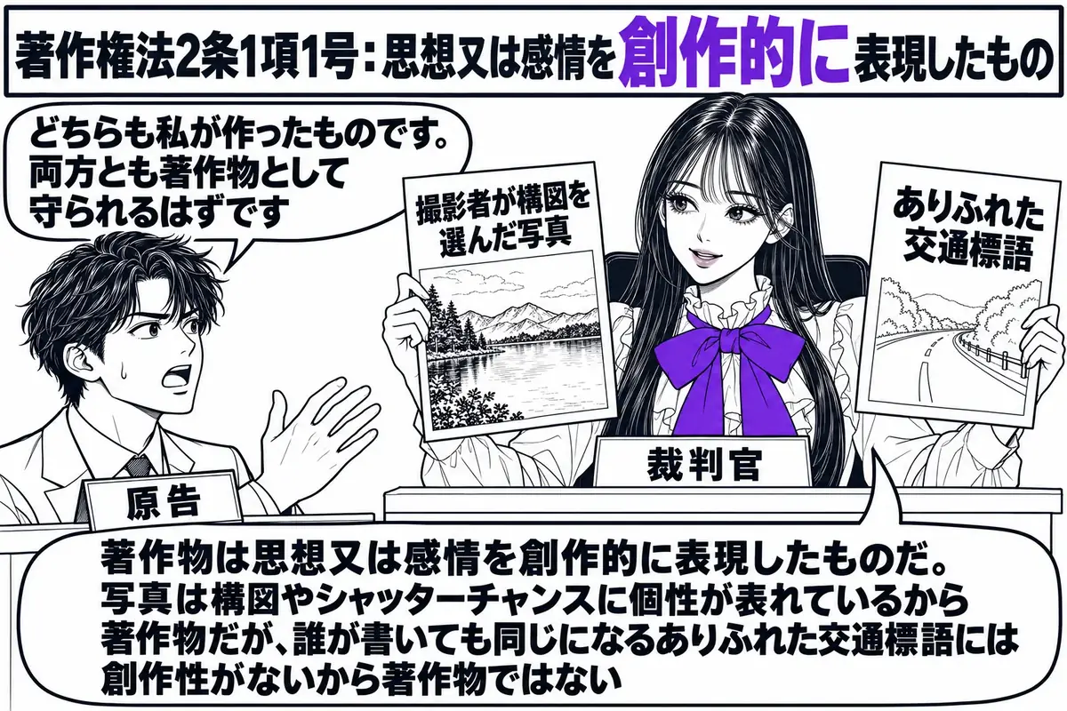 裁判所の法廷の場面。先生が裁判官役（札「裁判官」）で法壇に座り、左手に「ありふれた交通標語」と書かれた1枚の紙、右手に「撮影者が構図を選んだ写真」と書かれた写真を持って見比べている。向かいに原告の男性（札「原告」）が立ち、吹き出し「どちらも
