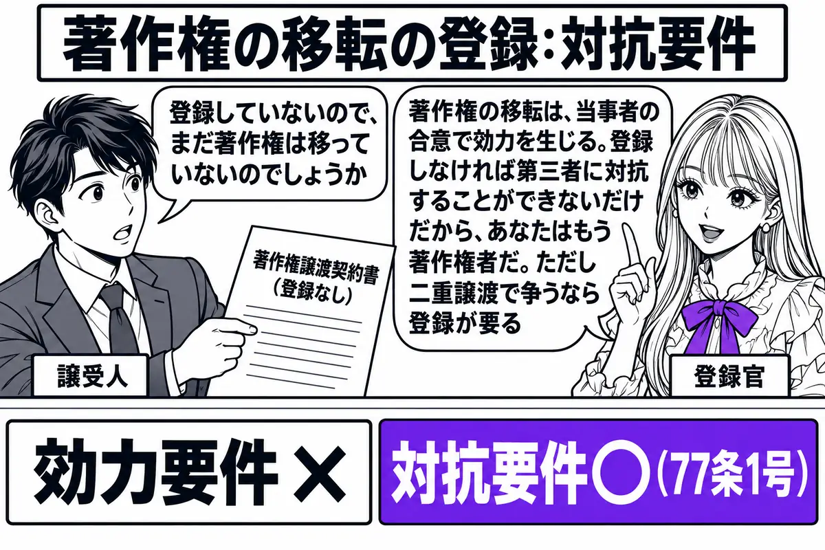 文化庁の登録窓口の場面。先生が登録官役（札「登録官」）でカウンターの内側に座っている。カウンターの外に男性（札「譲受人」）が「著作権譲渡契約書（登録なし）」と書かれた書類を差し出し、吹き出し「登録していないので、まだ著作権は移っていないので