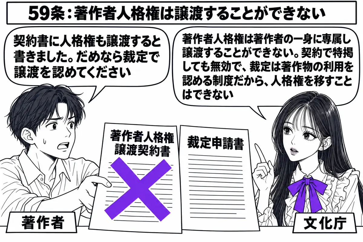 文化庁の窓口の場面。先生が文化庁の職員役（札「文化庁」）でカウンターの内側に座っている。カウンターの外に作家の男性（札「著作者」）が「著作者人格権譲渡契約書」と書かれた書類と「裁定申請書」と書かれた書類を差し出し、吹き出し「契約書に人格権も
