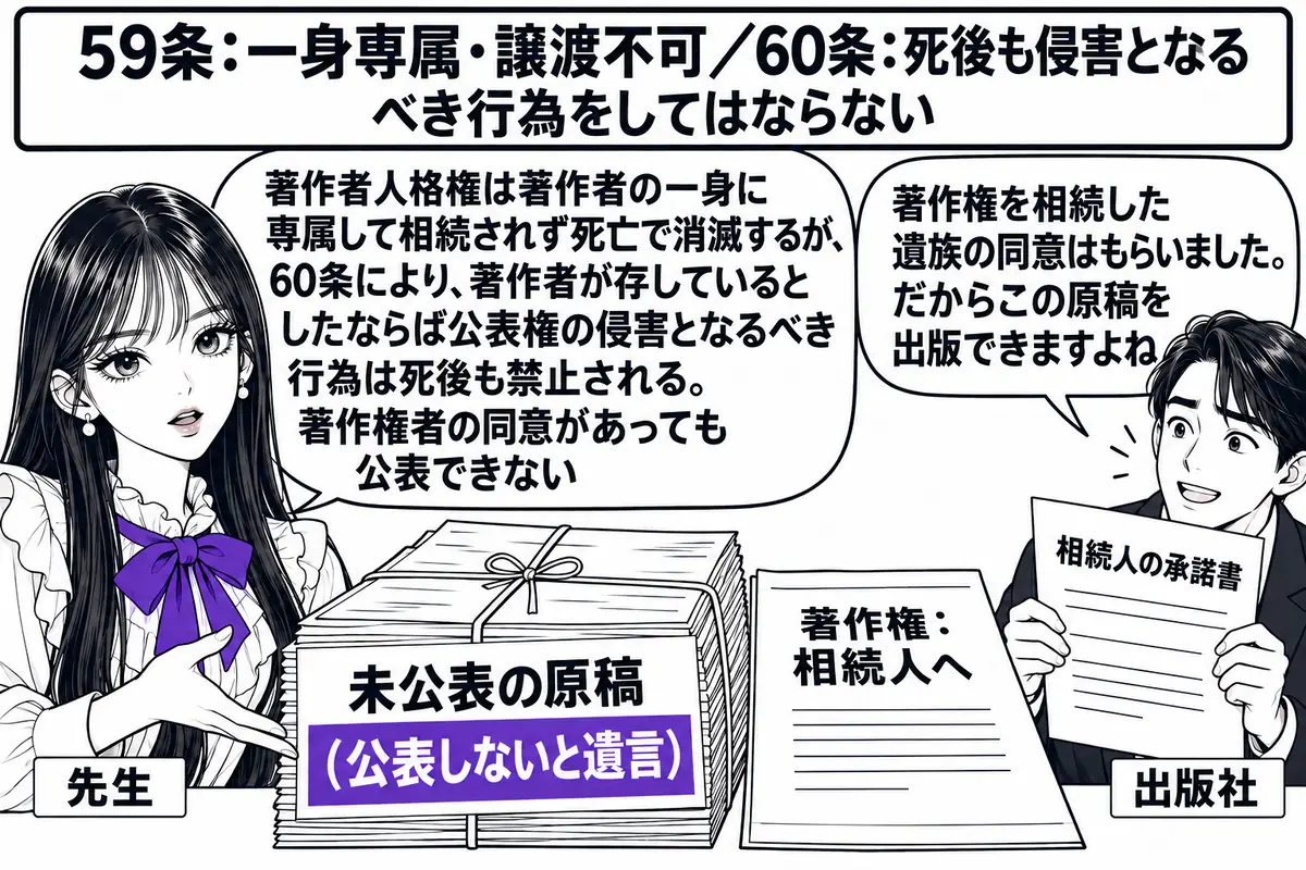 作家の遺品を整理する書斎の場面。先生が弁理士役（札「先生」）で机の脇に立ち、机の上に「未公表の原稿（公表しないと遺言）」と書かれた原稿の束と「著作権：相続人へ」と書かれた書類が並んでいる。向かいに出版社の男性（札「出版社」）が相続人の承諾書