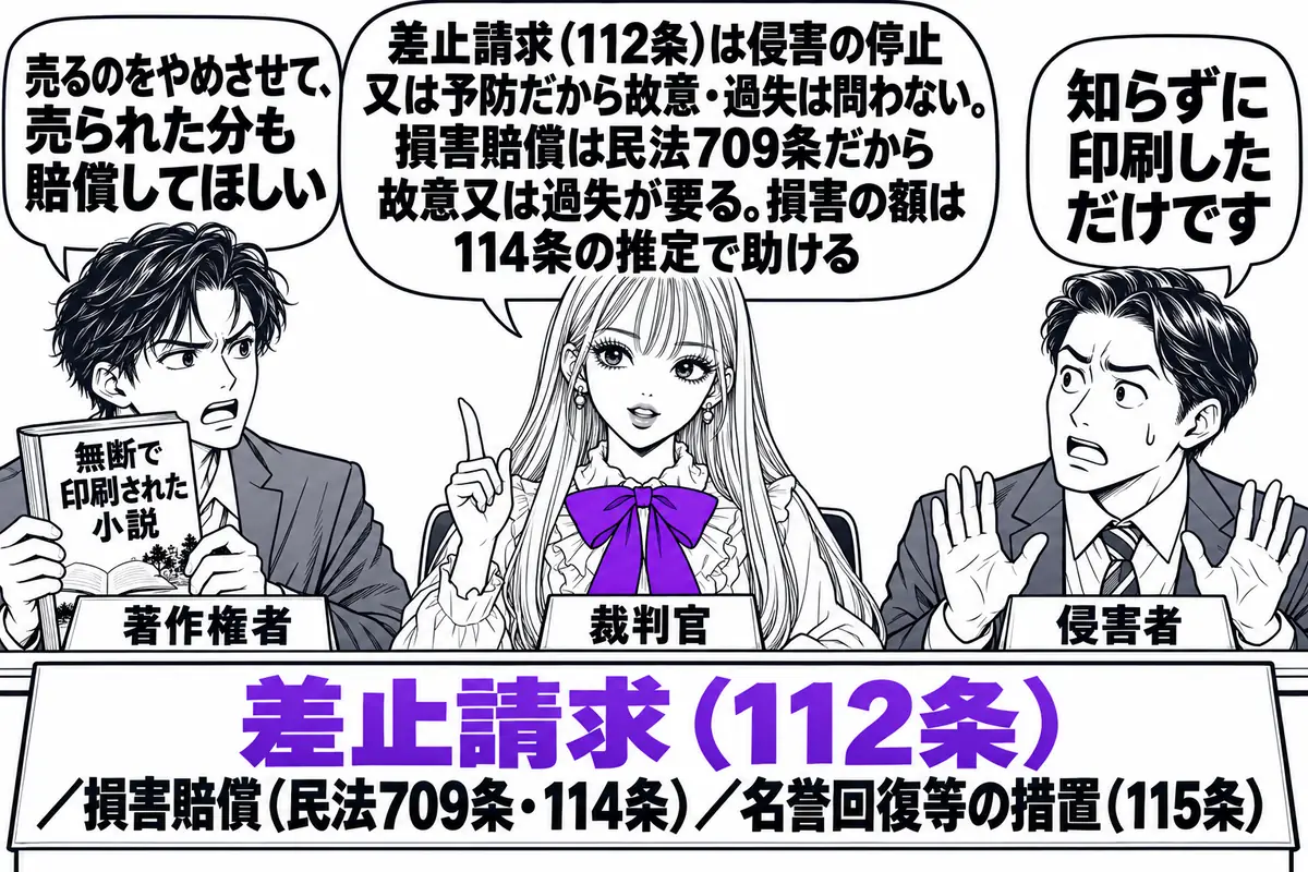 裁判所の法廷の場面。先生が裁判官役(札「裁判官」)で法壇に座り、左の原告席に小説家の男性(札「著作権者」)が「無断で印刷された小説」と書かれた本を掲げ、吹き出し「売るのをやめさせて、売られた分も賠償してほしい」。右の被告席に出版業者の男性(