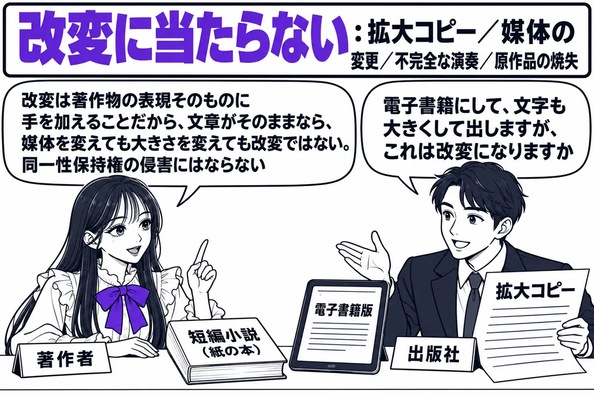 出版社の編集室の場面。先生が小説家役（札「著作者」）で、「短編小説（紙の本）」と書かれた本を机に置いている。向かいの編集者の男性（札「出版社」）が「電子書籍版」と書かれたタブレットと「拡大コピー」と書かれた大きな紙を並べて吹き出し「電子書籍