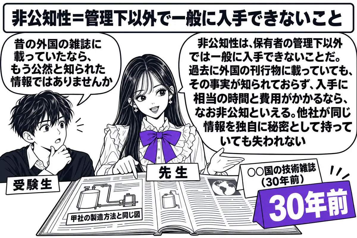 図書館の閲覧室の場面。先生が先生役（札「先生」）で机に向かい、古い外国語の雑誌を開いている。雑誌には「○○国の技術雑誌（30年前）」の札が付き、ページの一部に甲社の製造方法と同じ図が小さく載っている。隣に男性（札「受験生」）が吹き出し「昔の