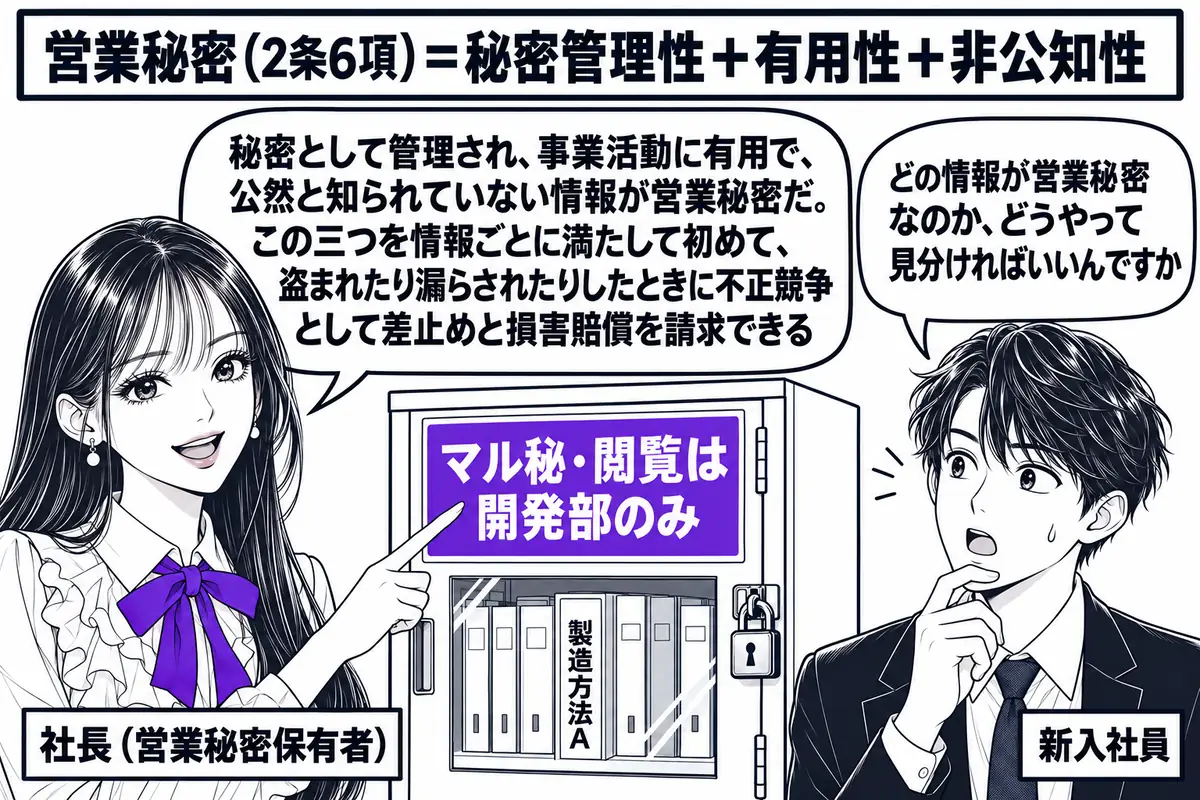 会社の資料室の場面。先生が社長役（札「社長（営業秘密保有者）」）で、施錠された書庫の前に立ち、扉に貼られた「マル秘・閲覧は開発部のみ」の札を指している。書庫の中に「製造方法A」と書かれたファイルが見える。向かいに若い男性の従業員（札「新入社