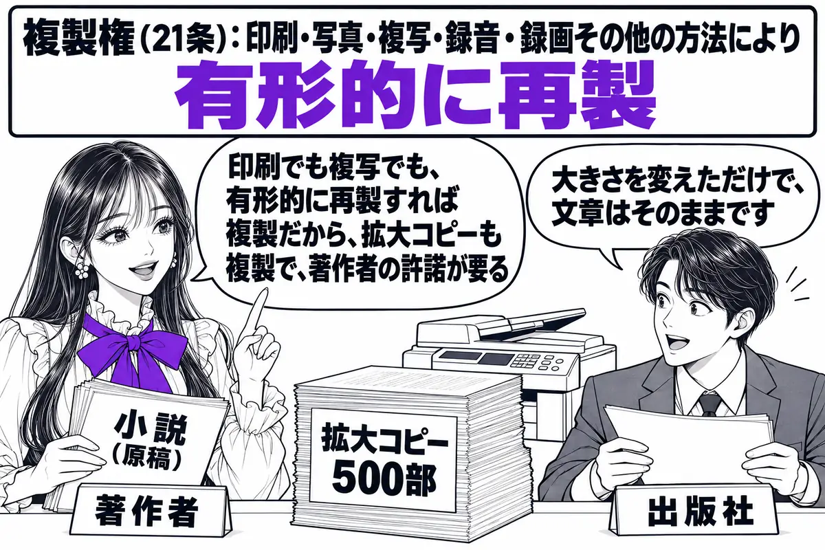 出版社の編集室の場面。先生が著作者役（札「著作者」）で机の前に立ち、手に「小説（原稿）」と書かれた原稿束を持っている。向かいに編集者の男性（札「出版社」）が立ち、机の上に「拡大コピー 500部」と書かれた紙の束と、コピー機が置かれている。編