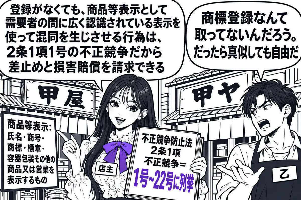商店街の店先の場面。先生が店主役（札「店主」）で、老舗の店の前に立ち、店の看板「甲屋」を指している。隣に新しくできた店があり、看板「甲屋」とそっくりの看板「甲ヤ」を掲げ、その前に男性の店主（札「乙」）が立って吹き出し「商標登録なんて取ってな