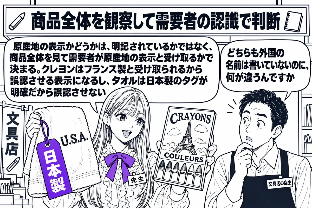 文具店の店先の場面。先生が先生役（札「先生」）で、二つの商品を手に取って比べている。左手に「エッフェル塔の絵とフランス語だけの包装」のクレヨン（小さく「日本製」の表示はない）、右手に「U.S.A. の刺繍」のタオルで、タオルには「日本製」と