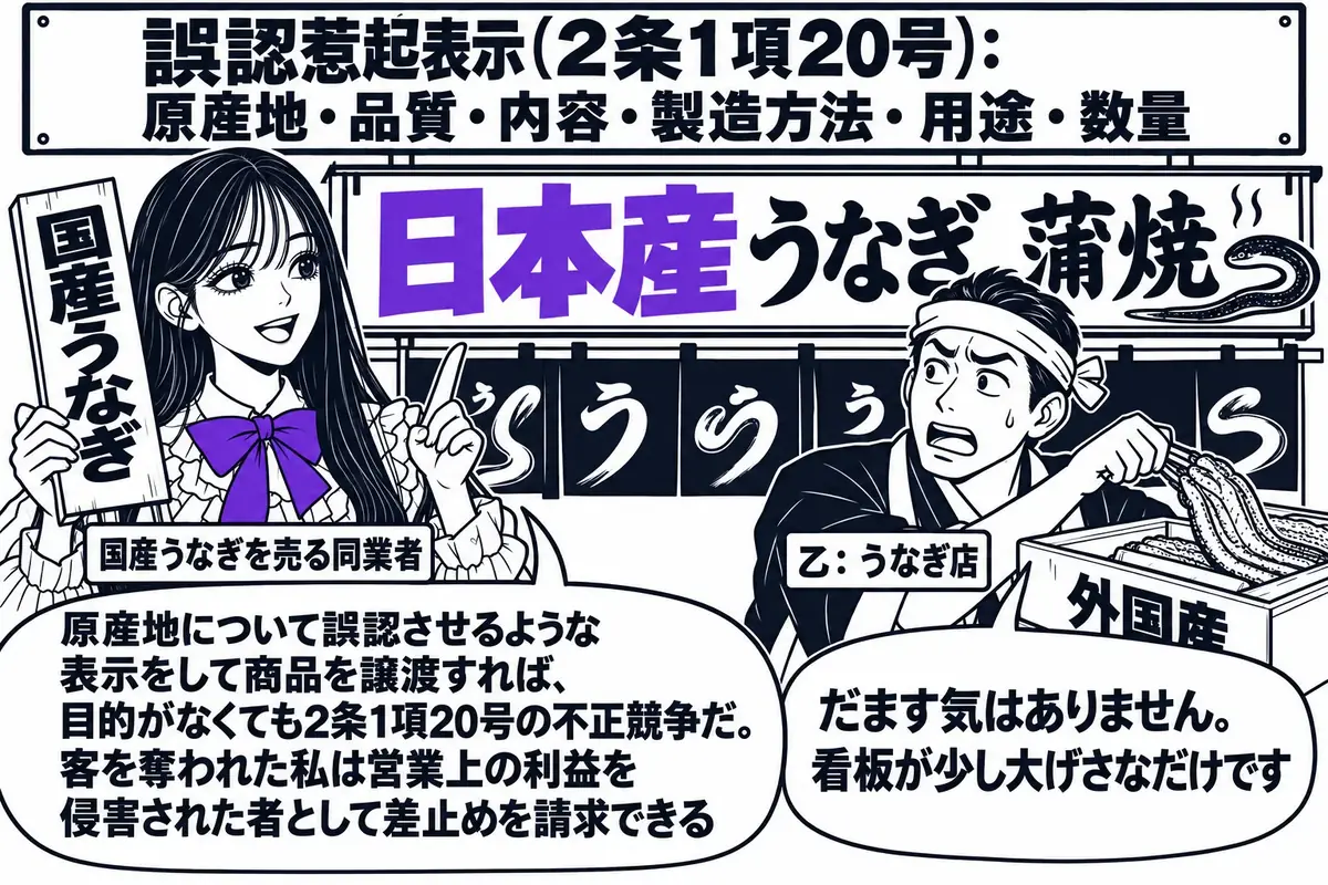 うなぎ店の店先の場面。先生が隣の店の店主役（札「国産うなぎを売る同業者」）で、「国産うなぎ」と正しく書いた札を手にしている。向かいの店先で男性（札「乙：うなぎ店」）が「日本産うなぎ 蒲焼」と大書した看板の下で外国産の箱からうなぎを出しながら