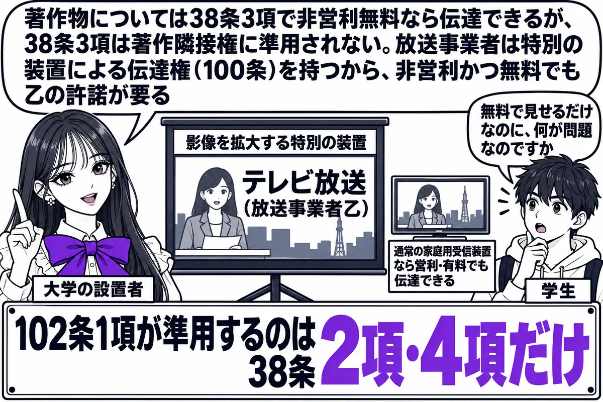 大学の構内広場の場面。先生が大学の設置者役（札「大学の設置者」）で、「影像を拡大する特別の装置」と札の付いた大型スクリーンの前に立つ。スクリーンには「テレビ放送（放送事業者乙）」と表示されている。学生の男性（札「学生」）が吹き出し「無料で見