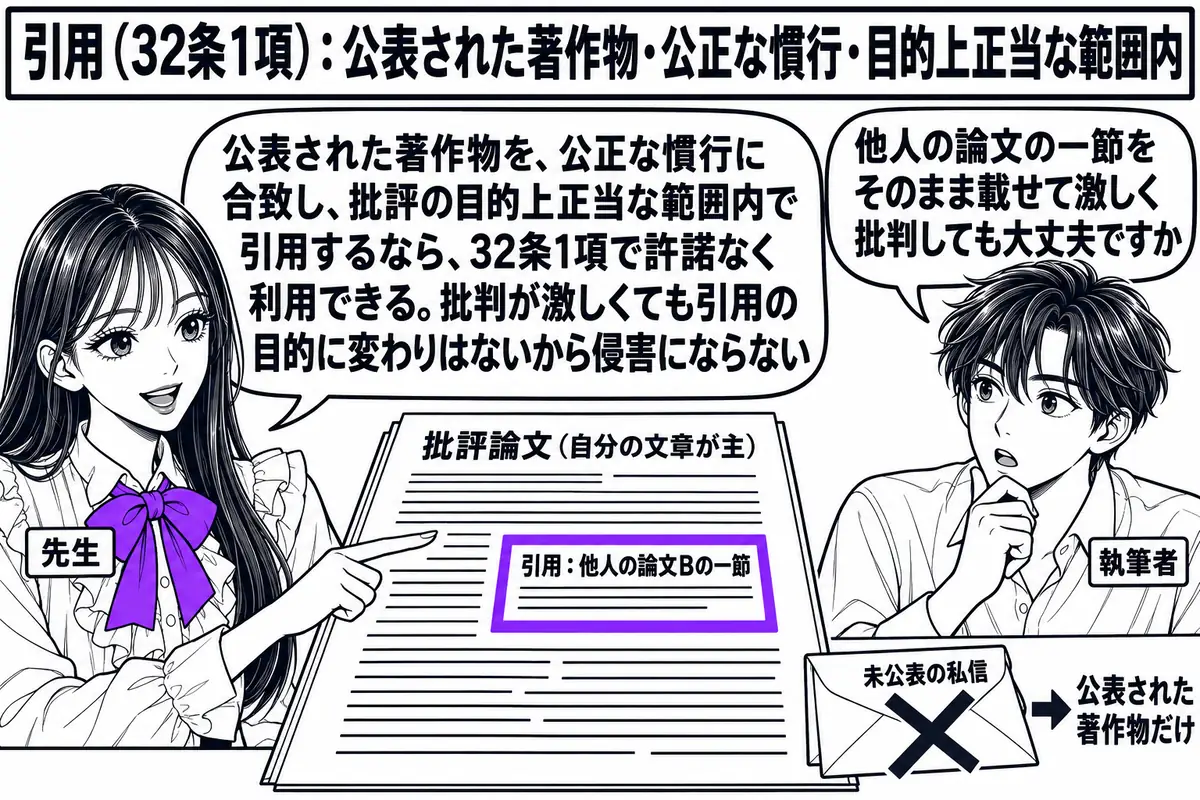 大学の研究室の場面。先生が先生役（札「先生」）で机の上の原稿を指している。原稿には「批評論文（自分の文章が主）」と大きく書かれ、その中に枠で囲まれた小さな部分「引用：他人の論文Bの一節」がある。向かいに学生の男性（札「執筆者」）が吹き出し「