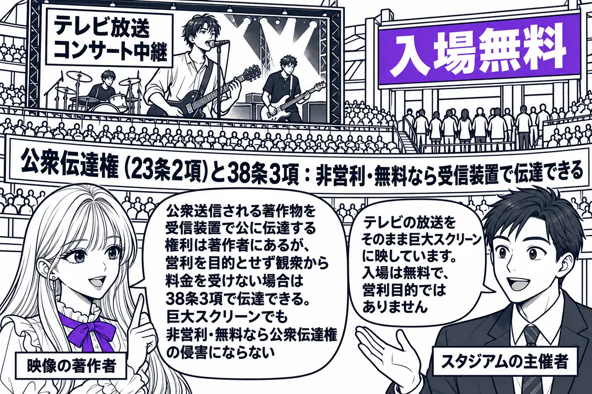 スタジアムの観客席の場面。先生が著作者役（札「映像の著作者」）で通路に立っている。スタジアムの巨大スクリーンに「テレビ放送 コンサート中継」の文字と演奏の映像が映り、観客が多数座っている。入口のゲートに「入場無料」と書かれた看板。向かいに主