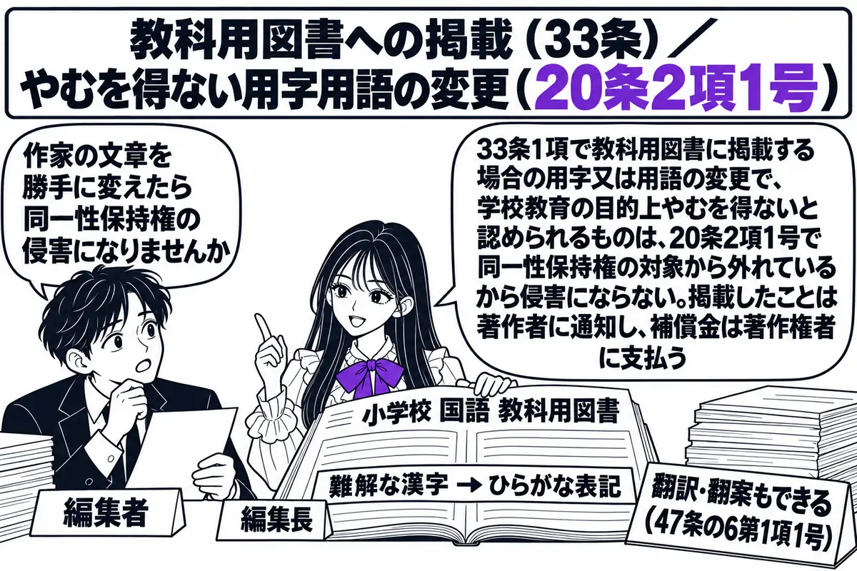 教科書会社の編集室の場面。先生が編集長役（札「編集長」）で「小学校 国語 教科用図書」と書かれたゲラを広げている。ゲラの中に「難解な漢字 → ひらがな表記」と書き込みがある。向かいに編集者の男性（札「編集者」）が吹き出し「作家の文章を勝手に