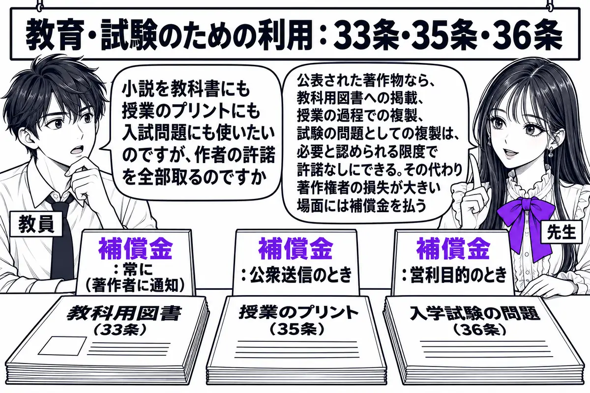 学校の職員室の場面。先生が先生役（札「先生」）で机の上に三つの冊子を並べている。左の冊子「教科用図書（33条）」、真ん中の冊子「授業のプリント（35条）」、右の冊子「入学試験の問題（36条）」。それぞれの冊子の上に札が立ち、左「補償金：常に