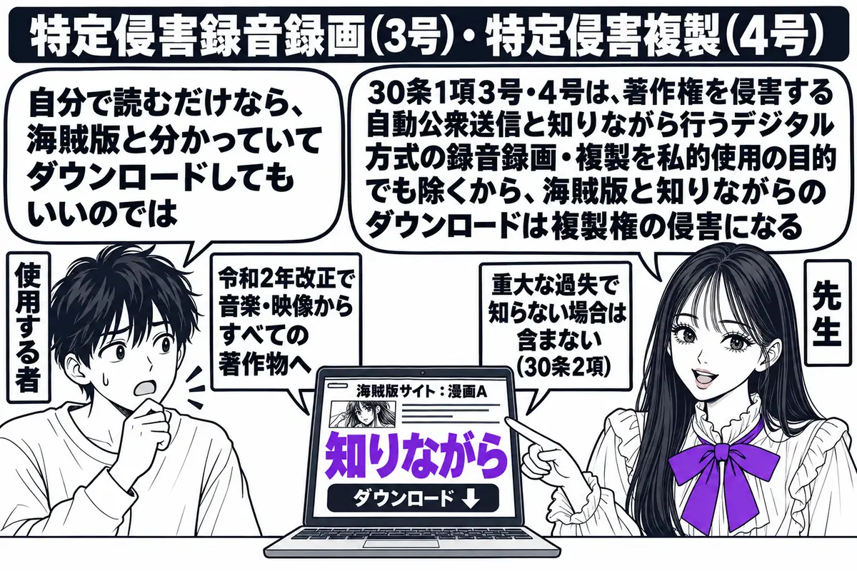 自宅の机でパソコンを前にした場面。先生が先生役（札「先生」）でパソコンの画面を指している。画面に「海賊版サイト：漫画A」の表示とダウンロードのボタン。学生の男性（札「使用する者」）が吹き出し「自分で読むだけなら、海賊版と分かっていてダウンロ