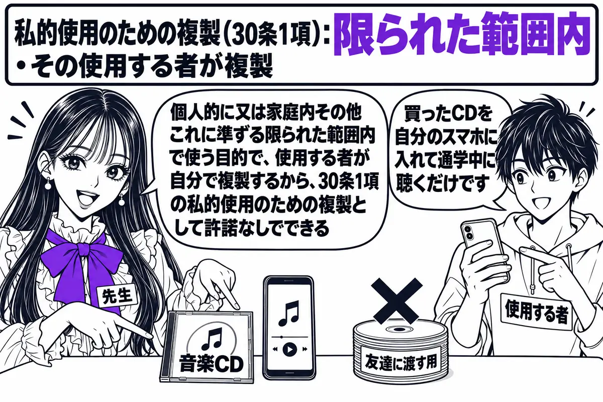 家庭の居間の場面。先生が先生役（札「先生」）で、机の上の「音楽CD」とスマートフォンを指している。向かいに学生の男性（札「使用する者」）がスマートフォンを手にし、吹き出し「買ったCDを自分のスマホに入れて通学中に聴くだけです」。先生の吹き出