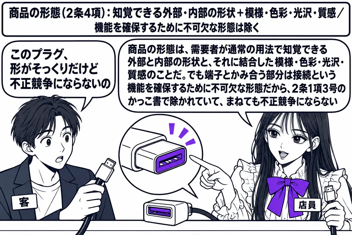 電器店の修理カウンターの場面。先生が店員役（札「店員」）で、カウンターに接続コードのプラグを置き、端末側の端子とかみ合う部分を指している。向かいに男性の客（札「客」）がもう一本のコードを持って吹き出し「このプラグ、形がそっくりだけど不正競争