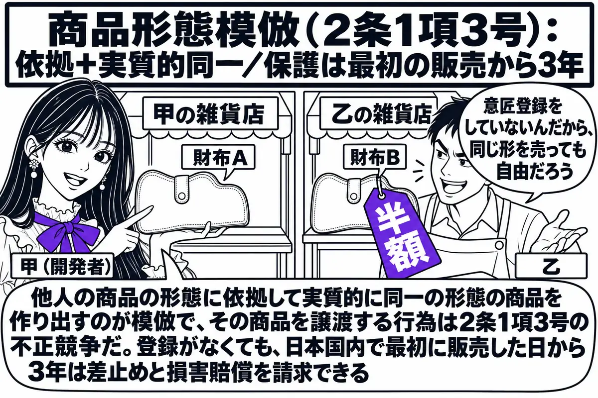 雑貨店の店先の場面。先生が商品の開発者役（札「甲（開発者）」）で、新しい形の財布「財布A」を手にして店の前に立っている。隣の店の棚に、そっくりの形の財布「財布B」が「半額」の札を付けて並び、その店の男性店主（札「乙」）が吹き出し「意匠登録を