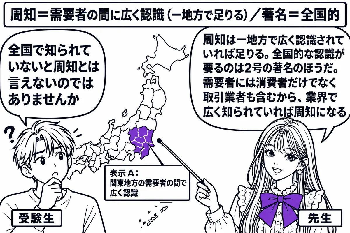日本地図を背にした教室の場面。先生が先生役（札「先生」）で、関東地方だけに色を付けた日本地図の前に立ち、指し棒で関東地方を指している。地図の横に「表示A：関東地方の需要者の間で広く認識」と書かれた札。生徒の男性（札「受験生」）が吹き出し「全