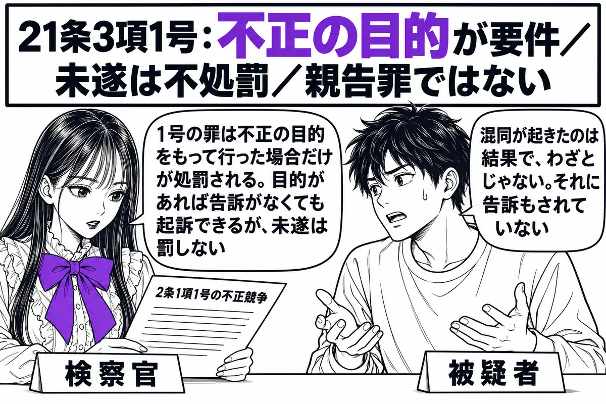 警察署の取調室の場面。先生が検察官役（札「検察官」）で机に座り、「2条1項1号の不正競争」と書かれた調書を見ている。向かいに男性（札「被疑者」）が吹き出し「混同が起きたのは結果で、わざとじゃない。それに告訴もされていない」。先生の吹き出し「