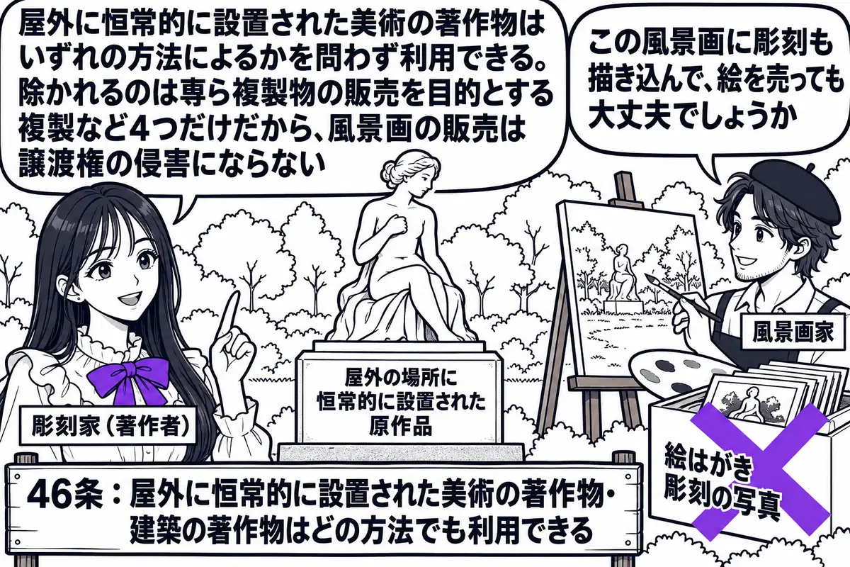 公園の場面。先生が著作者役（札「彫刻家（著作者）」）で公園の彫刻の前に立っている。彫刻の台座に札「屋外の場所に恒常的に設置された原作品」。向かいに画家の男性（札「風景画家」）がイーゼルを立てて公園の風景を描いており、キャンバスの中に小さく彫