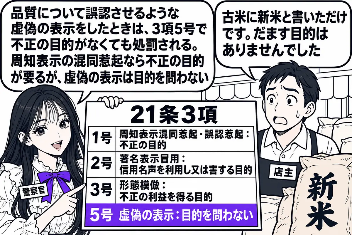 店先の場面。先生が警察官役（札「警察官」）で店の前に立ち、「21条3項」と書かれた一覧板を掲げている。一覧板には4行「1号 周知表示混同惹起・誤認惹起：不正の目的」「2号 著名表示冒用：信用名声を利用し又は害する目的」「3号 形態模倣：不正