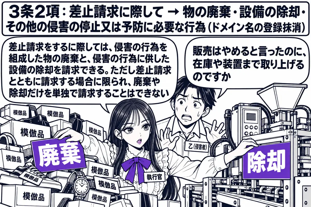 模倣品の工場の場面。先生が裁判所の執行官役(札「執行官」)で、「廃棄」と書かれた札を模倣商品の山に貼り、「除却」と書かれた札を模倣に使った装置に貼っている。そばに工場主の男性(札「乙(侵害者)」)が立ち、吹き出し「販売はやめると言ったのに、