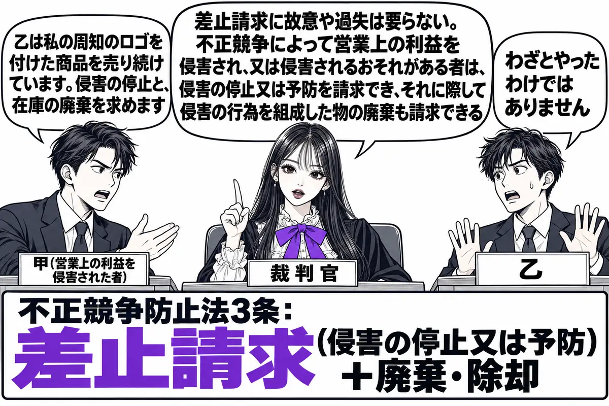 裁判所の法廷の場面。先生が裁判官役(札「裁判官」)で法壇に座っている。左の原告席に事業者の男性(札「甲(営業上の利益を侵害された者)」)が立ち、吹き出し「乙は私の周知のロゴを付けた商品を売り続けています。侵害の停止と、在庫の廃棄を求めます」