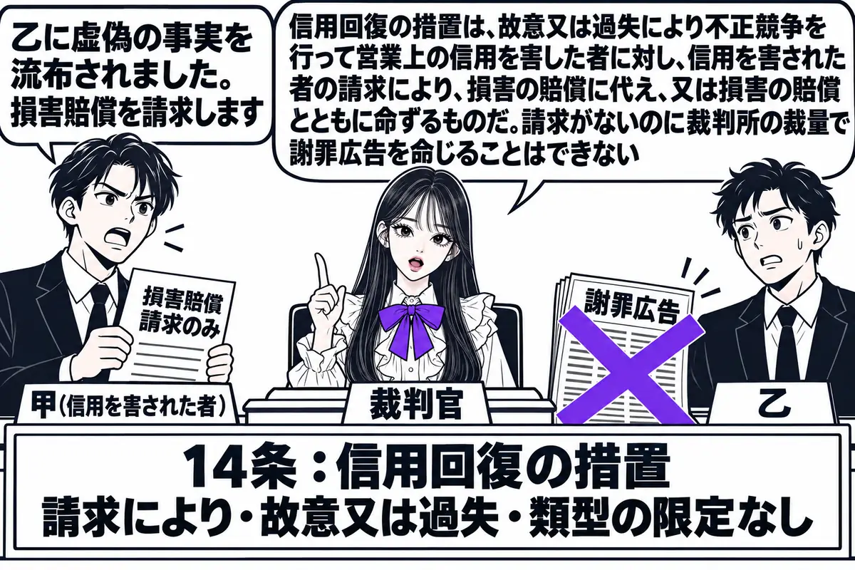 裁判所の法廷の場面。先生が裁判官役（札「裁判官」）で法壇に座る。原告席に店主の男性（札「甲（信用を害された者）」）が「損害賠償請求のみ」と書かれた訴状を手に立ち、吹き出し「乙に虚偽の事実を流布されました。損害賠償を請求します」。被告席に男性