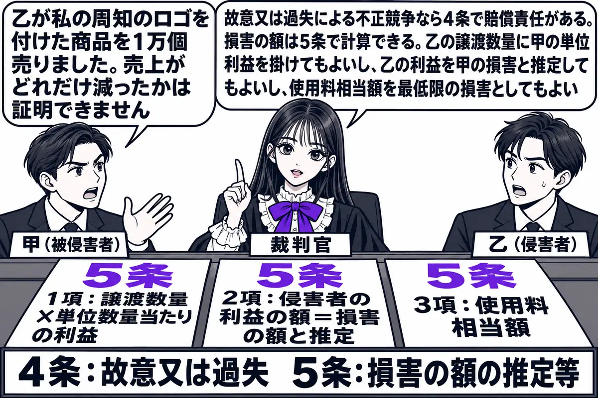 裁判所の法廷の場面。先生が裁判官役（札「裁判官」）で法壇に座り、手元に「5条」と書かれた3枚の計算用紙を広げている。1枚目に「1項：譲渡数量×単位数量当たりの利益」、2枚目に「2項：侵害者の利益の額＝損害の額と推定」、3枚目に「3項：使用料