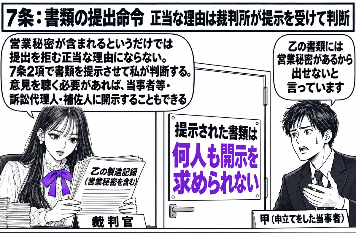 裁判所の裁判官室の場面。先生が裁判官役（札「裁判官」）で机に座り、「乙の製造記録（営業秘密を含む）」と書かれた書類の束を一人で読んでいる。部屋のドアは閉まり、ドアに「提示された書類は何人も開示を求められない」と書かれた札。ドアの外に男性（札