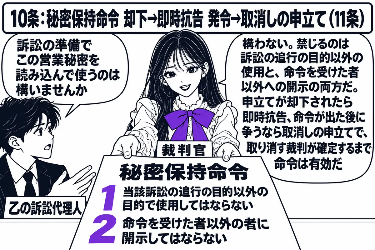 裁判所の受付窓口の場面。先生が裁判官役（札「裁判官」）でカウンターの内側に立ち、「秘密保持命令」と書かれた決定書を差し出している。決定書には2行の文字「1 当該訴訟の追行の目的以外の目的で使用してはならない」「2 命令を受けた者以外の者に開