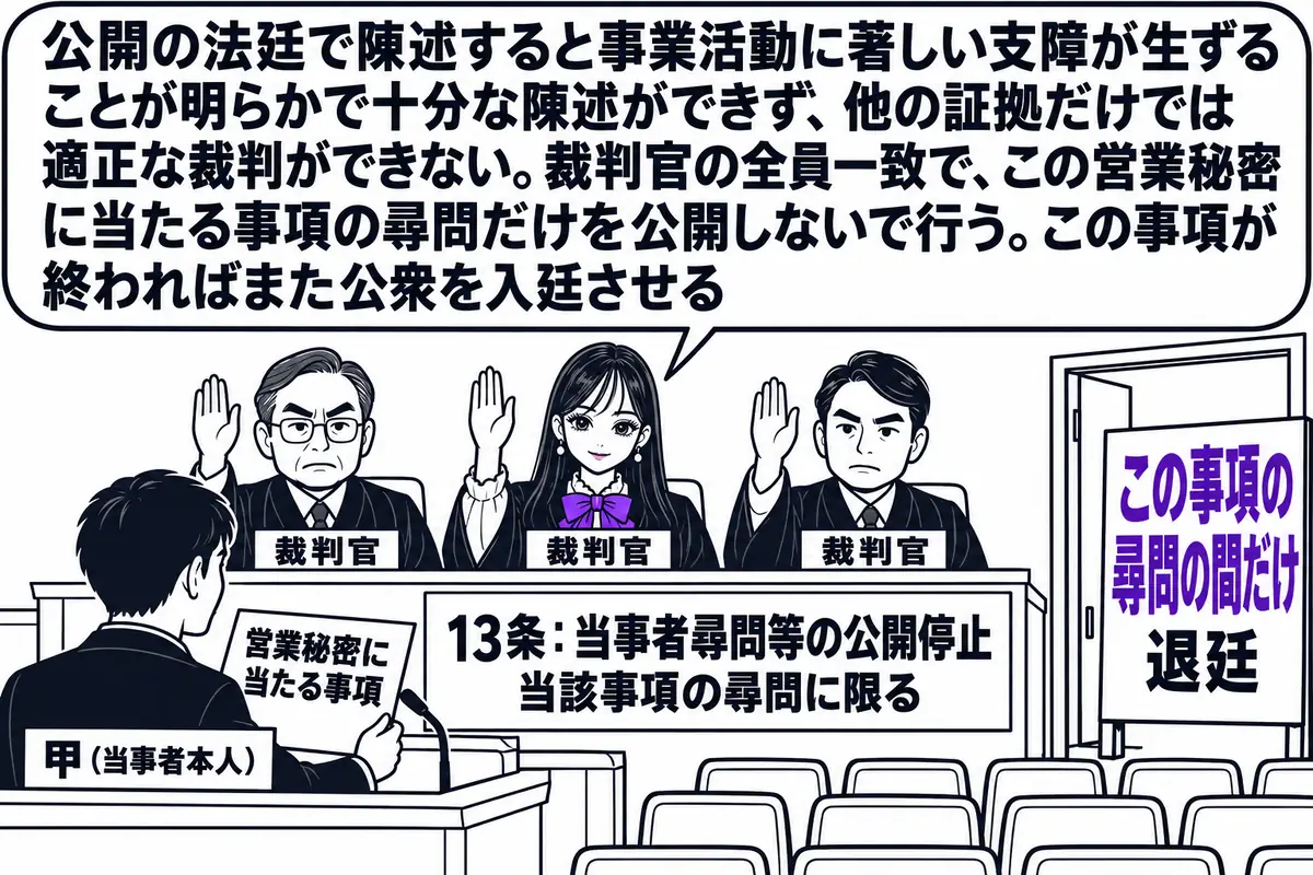 裁判所の法廷の場面。先生が裁判官役（札「裁判官」）で法壇に座り、左右に2人の裁判官（札「裁判官」）が並んで3人とも手を挙げている。証言台に男性（札「甲（当事者本人）」）が立ち、手元に「営業秘密に当たる事項」と書かれたメモ。傍聴席は空で、入口