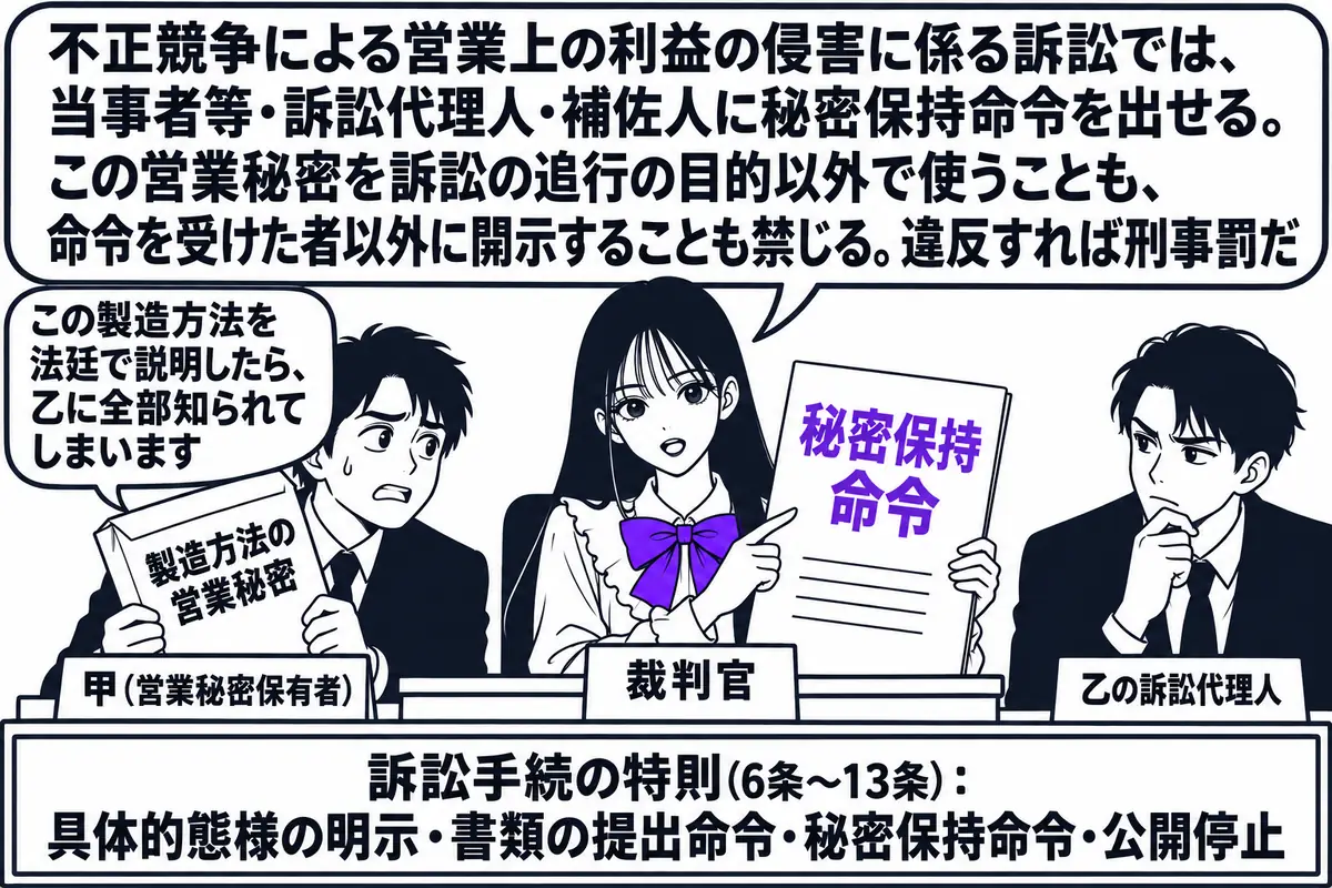 裁判所の法廷の場面。先生が裁判官役（札「裁判官」）で法壇に座り、「秘密保持命令」と書かれた決定書を手にしている。原告席に事業者の男性（札「甲（営業秘密保有者）」）が「製造方法の営業秘密」と書かれた封筒を抱え、吹き出し「この製造方法を法廷で説