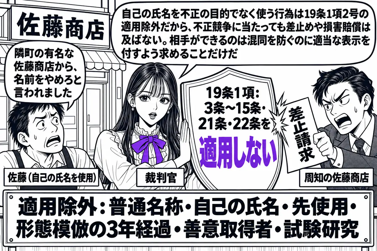 商店街の店先の場面。先生が裁判官役（札「裁判官」）で店の前に立ち、「19条1項：3条〜15条・21条・22条を適用しない」と書かれた大きな盾を掲げている。店の看板は「佐藤商店」で、店主の男性（札「佐藤（自己の氏名を使用）」）が店先に立ち、吹