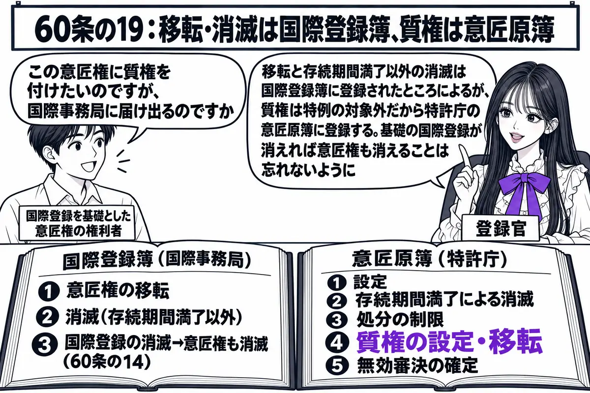 特許庁の登録室の場面。先生が登録官役（札「登録官」）で机に座り、机の上に二冊の台帳が開かれている。左の台帳は「国際登録簿（国際事務局）」と書かれ、その頁に「意匠権の移転」「消滅（存続期間満了以外）」「国際登録の消滅→意匠権も消滅（60条の1