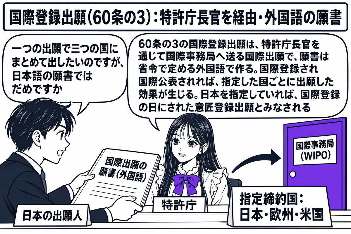 特許庁の窓口の場面。先生が窓口担当役（札「特許庁」）でカウンターの内側に座っている。カウンターの外に男性（札「日本の出願人」）が「国際出願の願書（外国語）」と書かれた書面を差し出し、その横に「指定締約国：日本・欧州・米国」と書かれた札。カウ