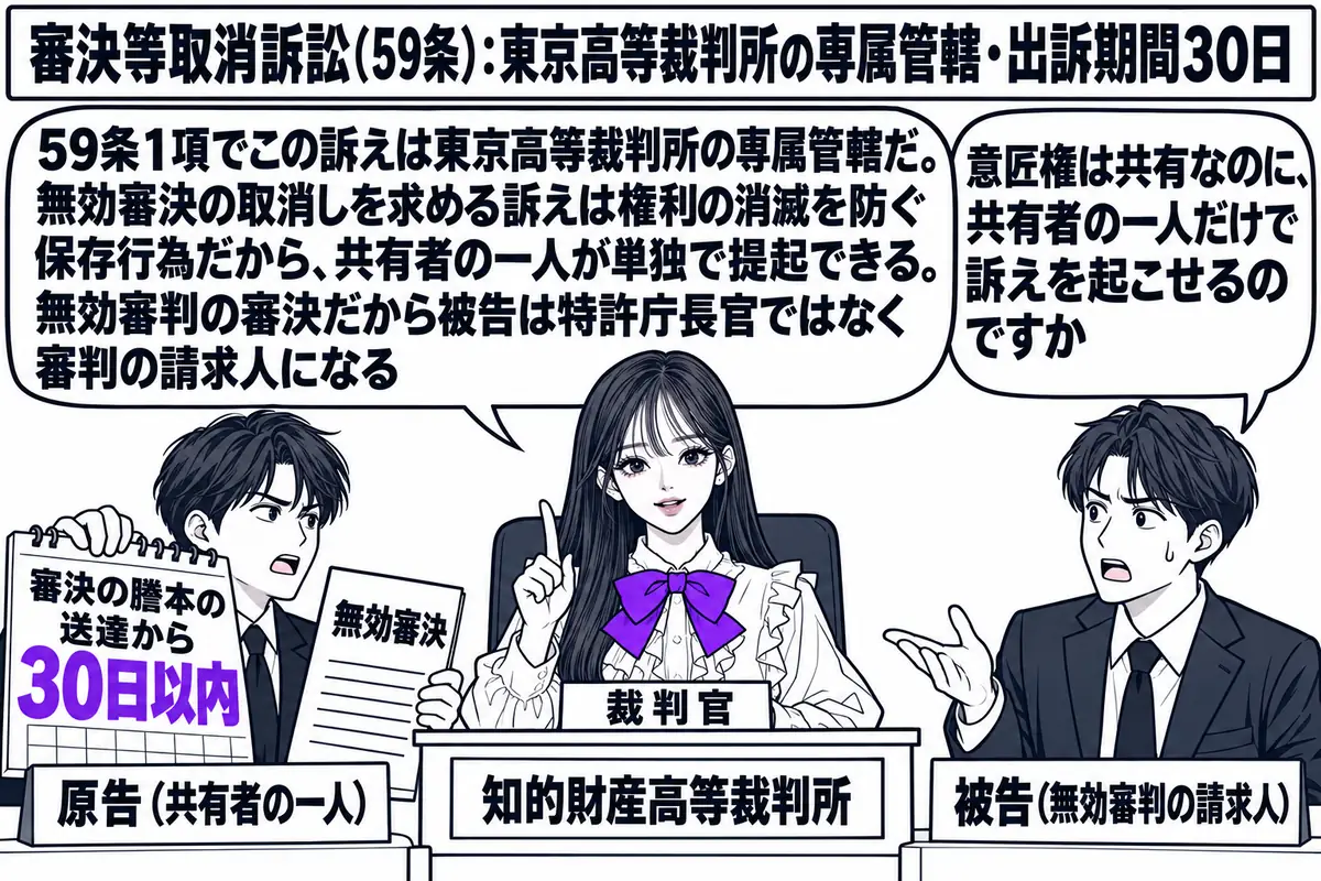 東京高等裁判所の法廷の場面。先生が裁判官役（札「裁判官」）で壇上に座り、壇の前に「知的財産高等裁判所」と書かれた札。原告席に男性（札「原告（共有者の一人）」）が「審決の謄本の送達から30日以内」と書かれたカレンダーと「無効審決」と書かれた書