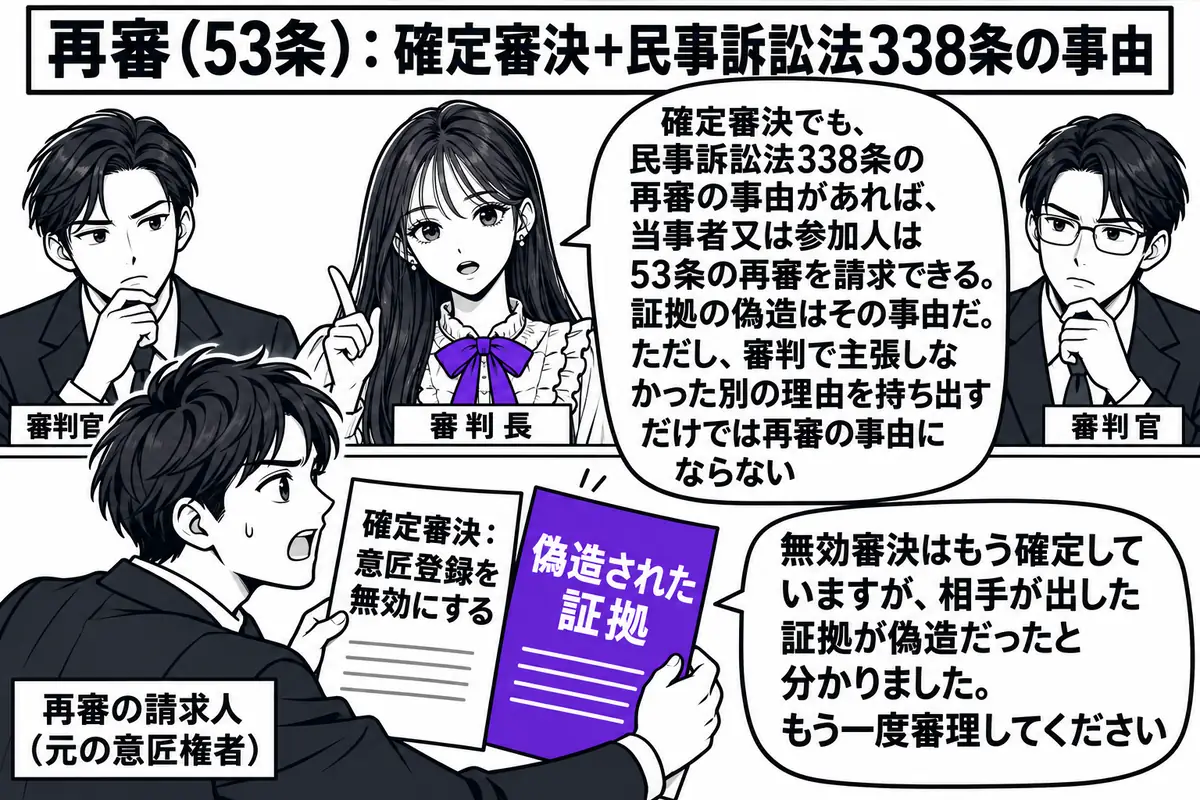 特許庁の審判廷の場面。先生が審判長役（札「審判長」）で中央に座り、両脇に審判官の男性二人（札「審判官」）。向かいに請求人の男性（札「再審の請求人（元の意匠権者）」）が「確定審決：意匠登録を無効にする」と書かれた書面と、「偽造された証拠」と書