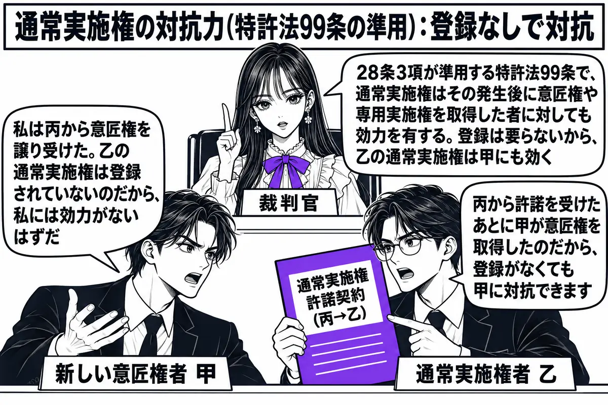 裁判所の法廷の場面。先生が裁判官役（札「裁判官」）で高い席に座っている。下に男性2人が向かい合い、左の男性（札「新しい意匠権者 甲」）の吹き出し「私は丙から意匠権を譲り受けた。乙の通常実施権は登録されていないのだから、私には効力がないはずだ