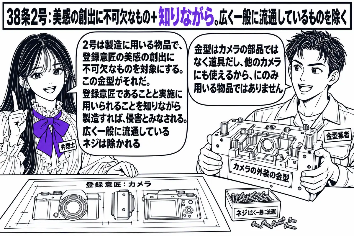 金型工場の場面。先生が弁理士役（札「弁理士」）で立ち、横に男性（札「金型業者」）が「カメラの外装の金型」と書かれた金型を手にしている。机の上に「登録意匠：カメラ」と書かれた図面と、「ネジ（広く一般に流通）」と書かれた小箱。金型業者の吹き出し