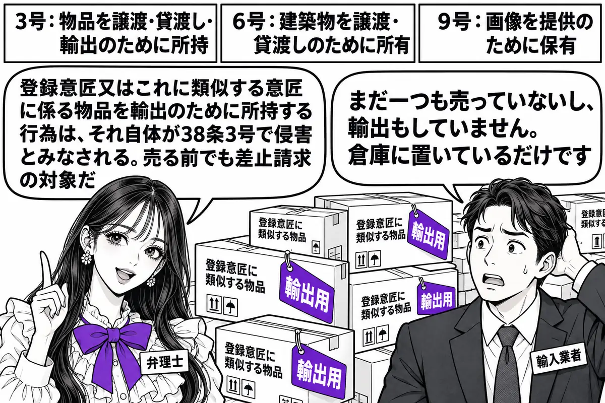 倉庫の場面。先生が弁理士役（札「弁理士」）で立ち、向かいに男性（札「輸入業者」）が「輸出用」と書かれた札の付いた段ボールの山の前に立っている。段ボールには「登録意匠に類似する物品」と書かれている。壁に三枚の札が並ぶ。「3号：物品を譲渡・貸渡