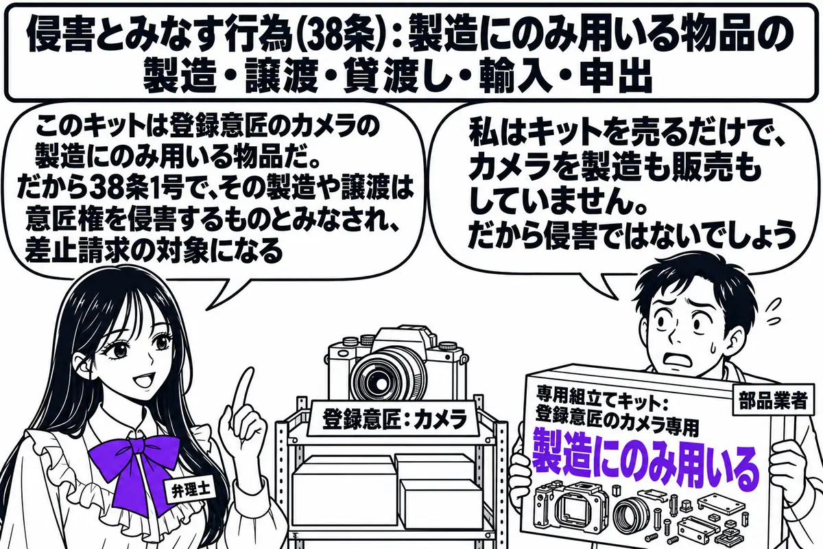 町工場の作業場の場面。先生が弁理士役（札「弁理士」）で立ち、横に工場主の男性（札「部品業者」）が「専用組立てキット：登録意匠のカメラ専用」と書かれた箱を抱えている。奥の棚に「登録意匠：カメラ」と書かれた完成品のカメラが置かれている。部品業者