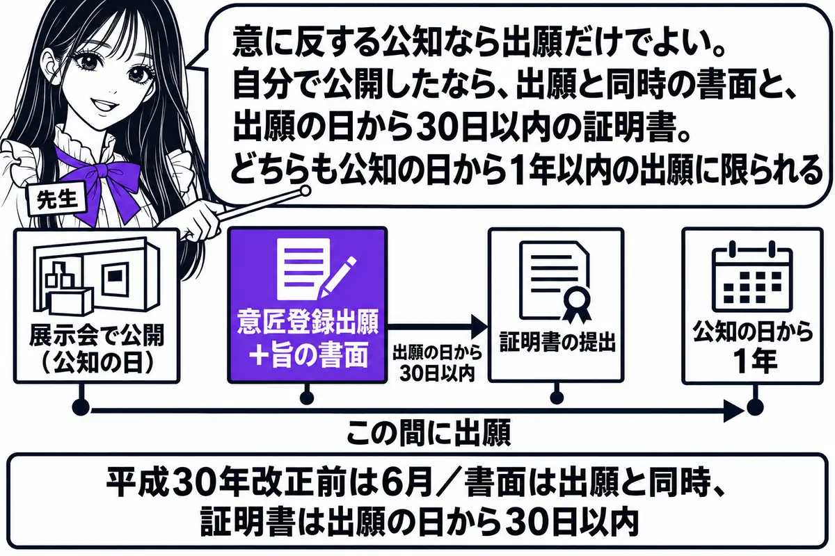 横軸の時系列を中心にした図。先生が先生役（札「先生」）で横軸の上に立ち、指し棒で札を示している。横軸の左から順に札「展示会で公開（公知の日）」「意匠登録出願＋旨の書面」「証明書の提出」「公知の日から1年」の4本が立つ。「展示会で公開」から「