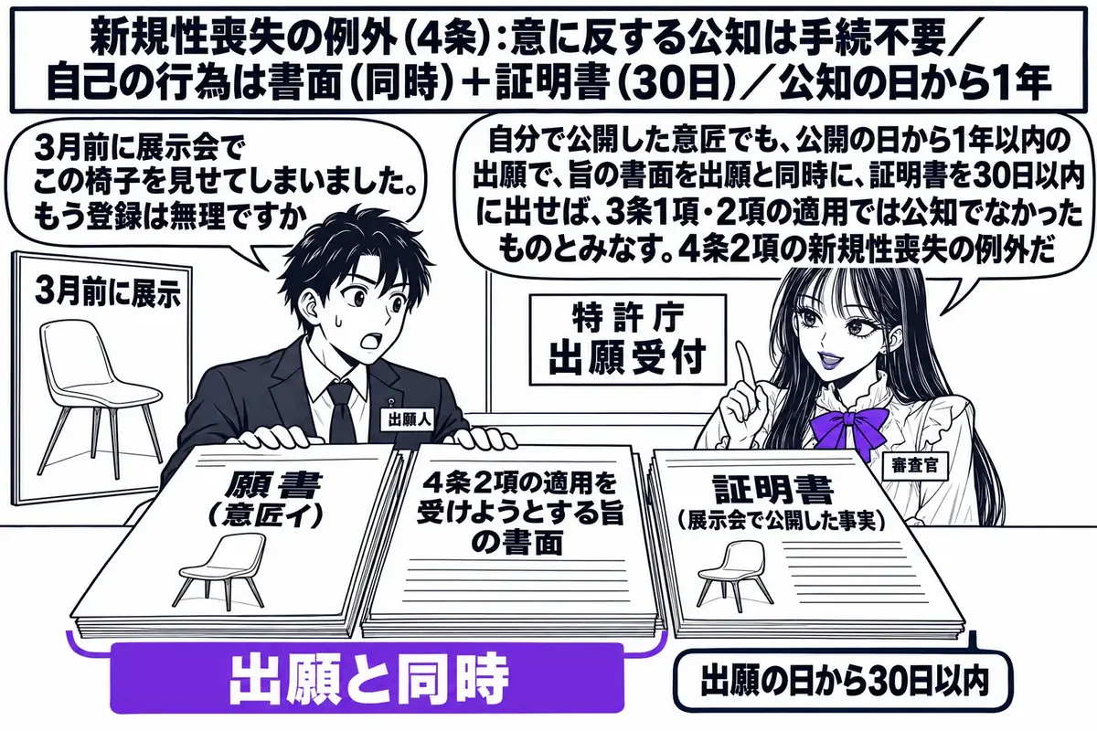 特許庁の出願窓口の場面。先生が審査官役（札「審査官」）でカウンターの内側に立ち、出願人の男性（札「出願人」）がカウンターに三つの書類を置いている。左から「願書（意匠イ）」、「4条2項の適用を受けようとする旨の書面」、「証明書（展示会で公開し