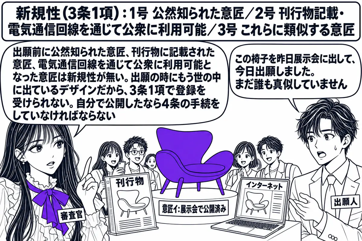 展示会の会場の場面。先生が特許庁の審査官役（札「審査官」）で立ち、目の前の展示台に椅子（札「意匠イ：展示会で公開済み」）が置かれ、周りに来場者が数人いる。展示台の脇に雑誌（表紙に同じ椅子の写真、札「刊行物」）とノートパソコン（画面に同じ椅子