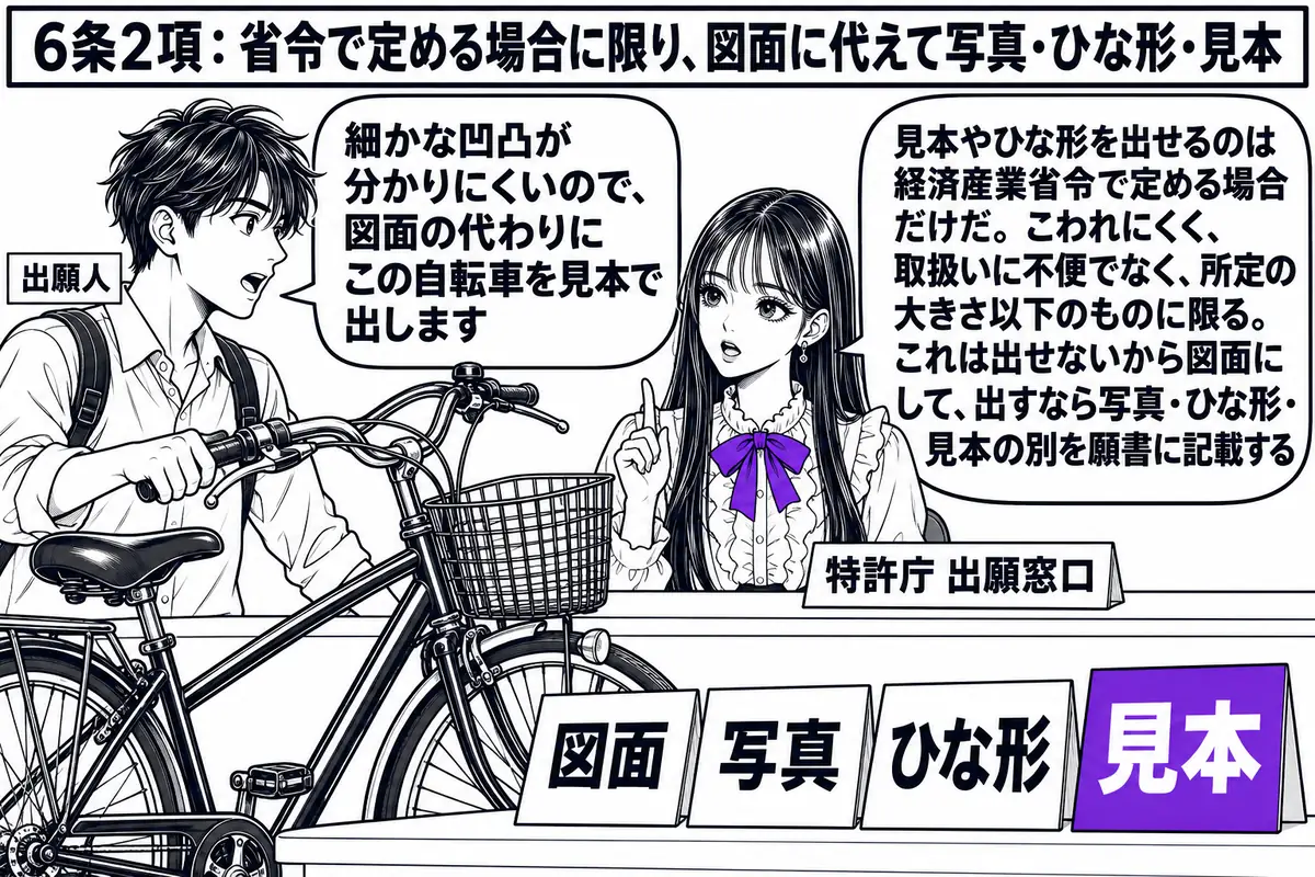 特許庁の出願窓口の場面。先生が窓口担当役（札「特許庁 出願窓口」）でカウンターの内側に立ち、カウンターの上に「図面」「写真」「ひな形」「見本」の四つの札を並べている。出願人の男性（札「出願人」）が大きな本物の自転車を持ち込んで、吹き出し「細