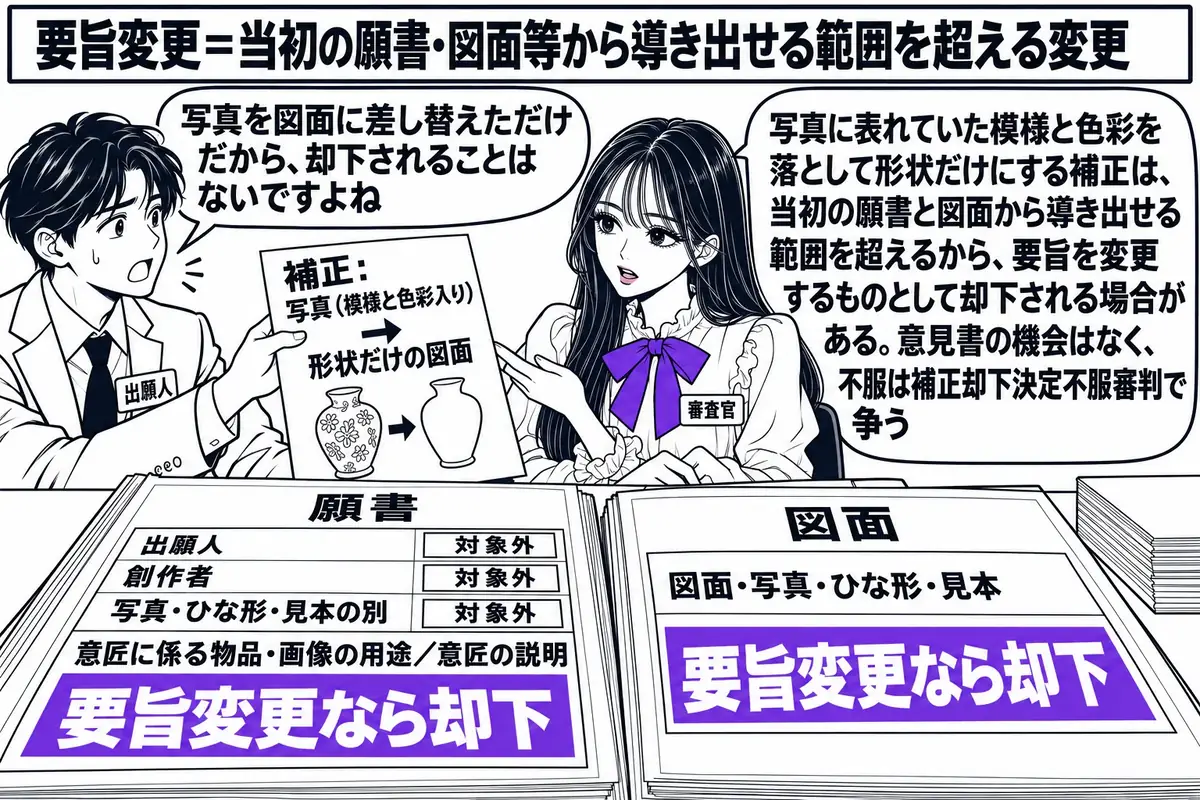 特許庁の審査室の場面。先生が審査官役（札「審査官」）で机に座り、机の上に「願書」と「図面」を広げている。願書には「出願人／創作者／写真・ひな形・見本の別」の3つの欄に「対象外」の札、「意匠に係る物品・画像の用途／意匠の説明」の欄と「図面・写