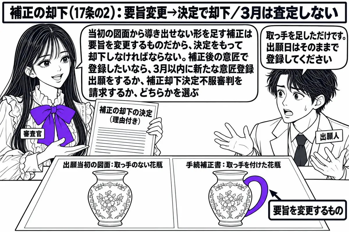 特許庁の審査室の場面。先生が審査官役（札「審査官」）で机に座り、左に「出願当初の図面：取っ手のない花瓶」、右に「手続補正書：取っ手を付けた花瓶」と書かれた2枚の図面を並べ、右の図面に「要旨を変更するもの」と書かれた札を付けて、「補正の却下の